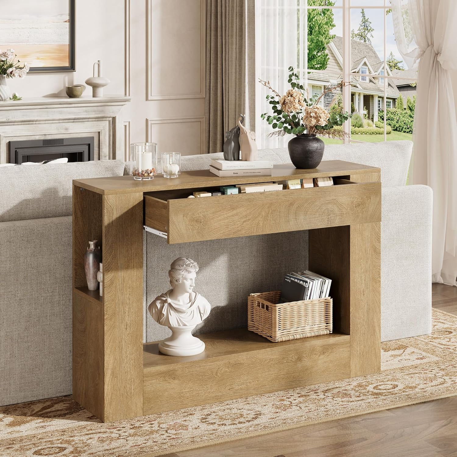 Vividwood 47" Farmhouse Wood Console Table with Drawer and Storage Shelves, Natural