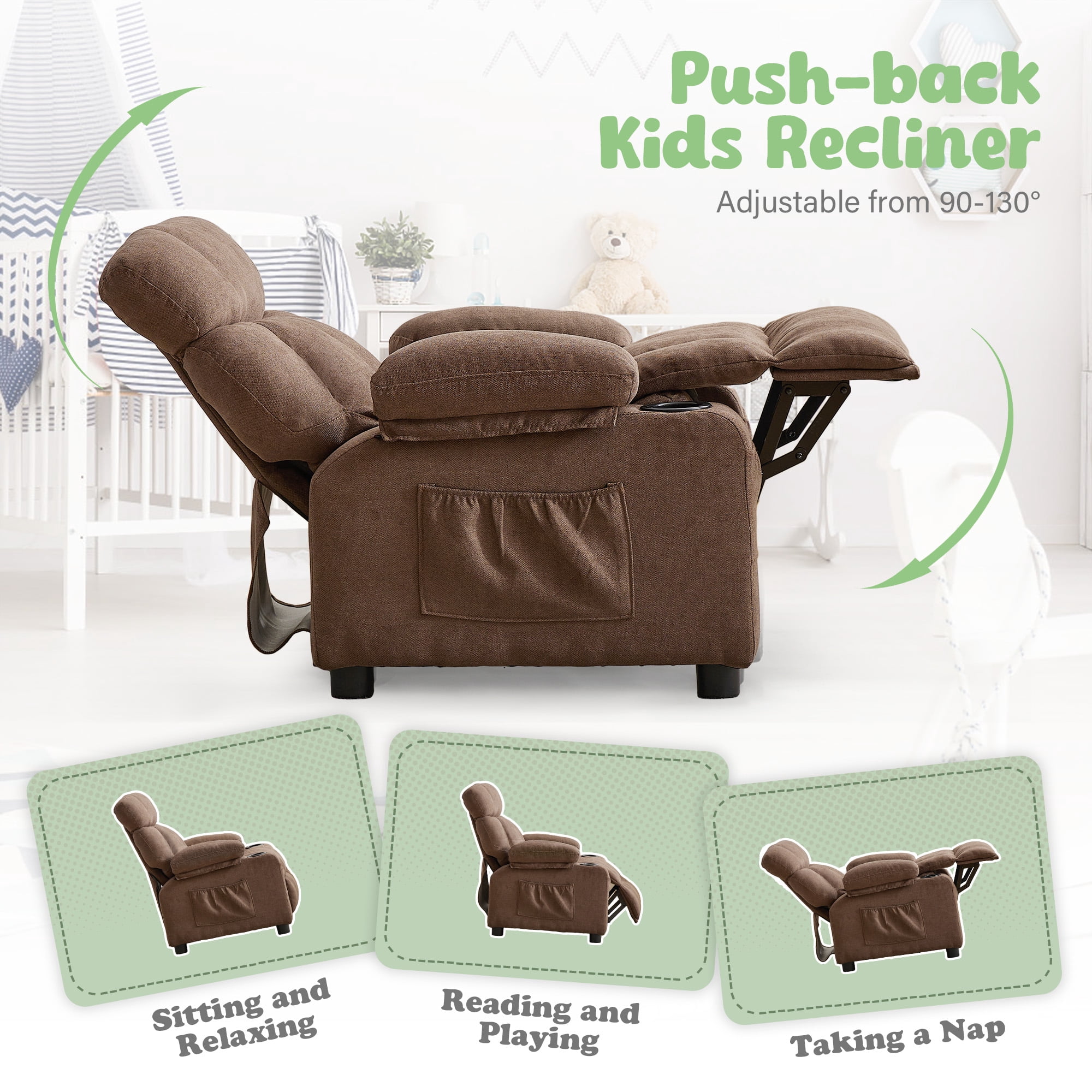 JONPONY Kids Recliner Chair,Push Back Toddler Recliner with Cup Holders & Side Pockets,Adjustable Footrest & Headrest Kids Sofa for Boys Girls 3+ Age Group, Brown