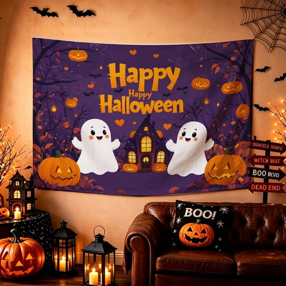 1pc Cute Ghost Jack O Lantern Haunted House Tapestry 74x72/80x72/86x72 inch Halloween Gothic Spooky Wall Decor