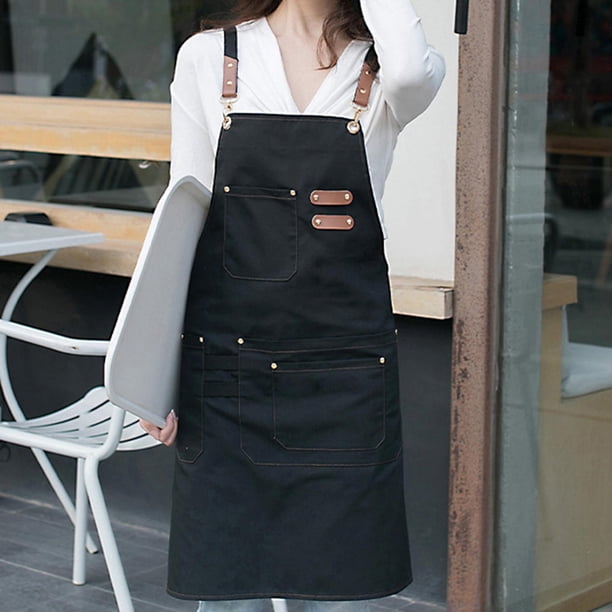 Delantal de moda, bolsillos grandes, espalda , babero, uniforme de trabajo, delantal de barista, a para cocina, hornear, Negro Baoblaze Delantal de lona