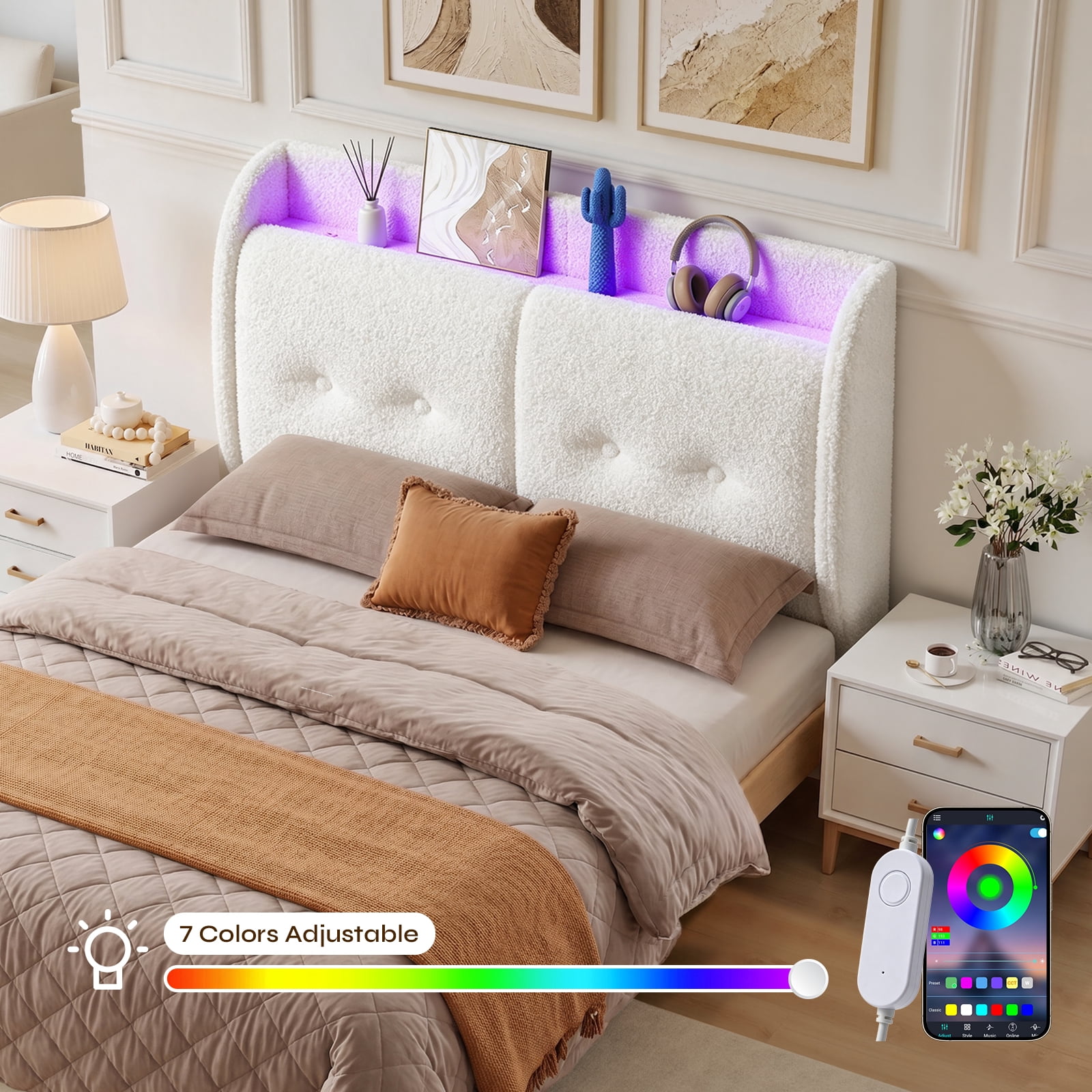 Pinmoco Full Upholstered Headboard with Storage & Charging Station, LED Wingback Adjustable Headboard, Teddy Fabric Headboard Only, White