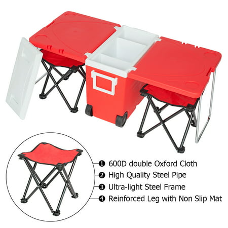 Roller Coolers on Clearance, Multi-Function Ice Cube Roller Cooler with Wheels, Foldable Table & 2 Fishing Chairs, Electric Cooler for Summer Picnic Camping Outdoor BBQ Picnic Beach, Red,