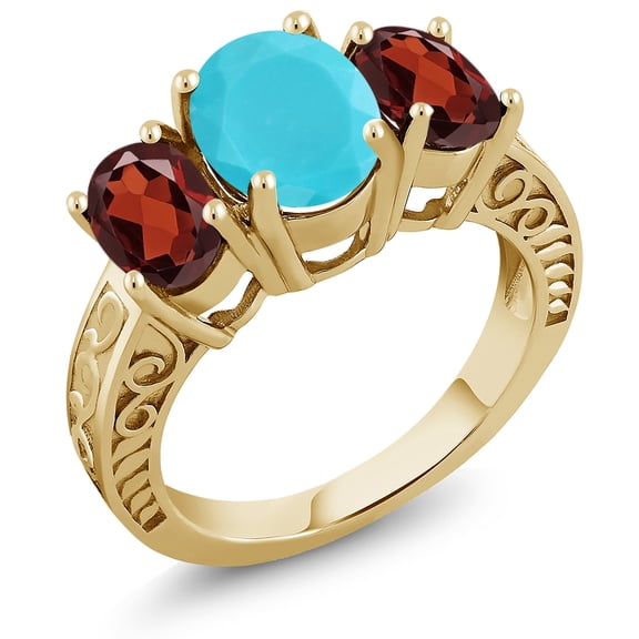 Gem Stone King 3.50 Ct Oval Green Turquoise Red Garnet 18K Yellow Gold Plated Silver Ring (Size 7)