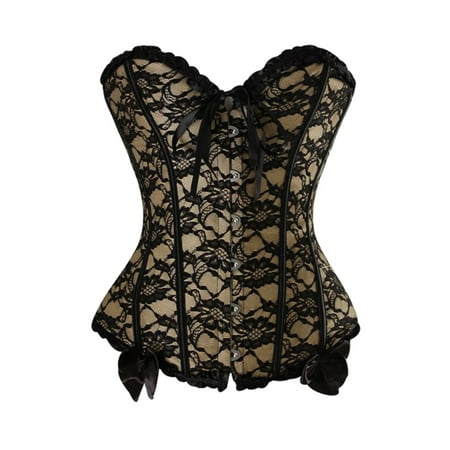 Floral Print Corset SAYFUT Women Black Floral Lace Trim Corset Intimates Waist Cincher Corset Corset Shapewear With G-string ()