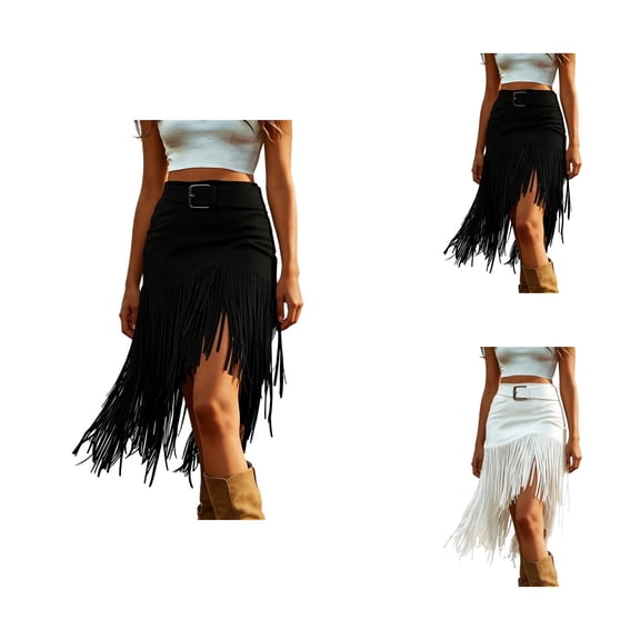 Fringe Skirt for Women Western Cowgirl High Waisted Suede Midi Tassel Skirt Country Concert Outfits