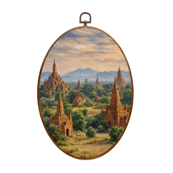 Canvas Wall Art Sunrise Temples Bagan Myanmar Panorama Oval Framed Canvas Prints Vintage Wall Hanging Decor for Home Bathroom Decorations Gift for Mom Women 8.6"x11.4"