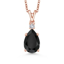 Gem Stone King 18K Rose Gold Plated Silver Black Onyx and White Created Sapphire Pendant Necklace for Women | 2.82 Cttw | Pear Shape 12X8MM | with 18 inch Silver Chain