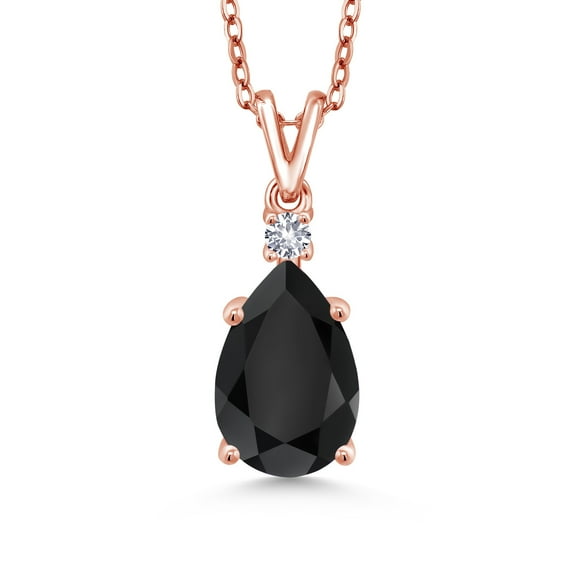 Gem Stone King 18K Rose Gold Plated Silver Black Onyx and White Created Sapphire Pendant Necklace for Women | 2.82 Cttw | Pear Shape 12X8MM | with 18 inch Silver Chain
