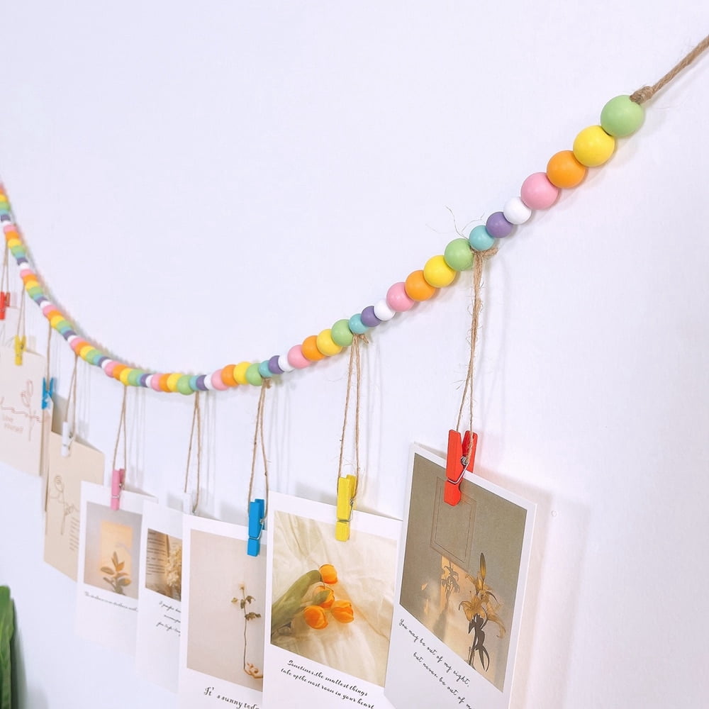 Hanging Photo Display With Wooden Beads & 24 Clips – DIY Photo String For Wall, Dorm, Bedroom Decor (Wood)