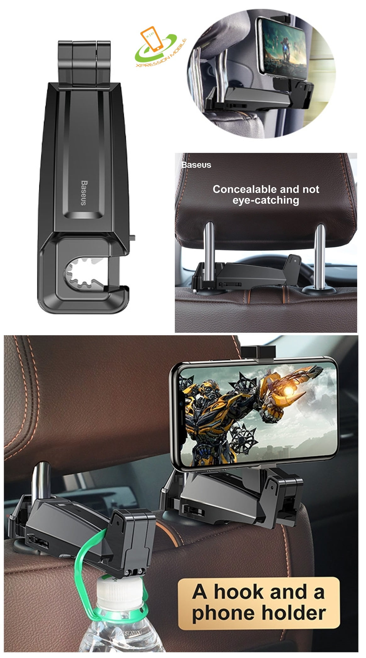 URBEST Car Backseat Hooks Phone Holder 2 Pack Universal Car Headrest Hanger with Lock for Holding Phones and Hanging Bag Black