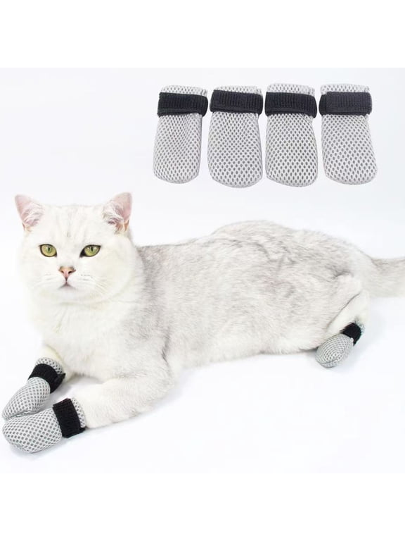 Pet Supplies Cat Booties AntiScratch Mittens 4 PCS Breathable Mesh Shoes Adjustable Covers for Nail Trimming and Bathing Cats,3x7cm,Gray