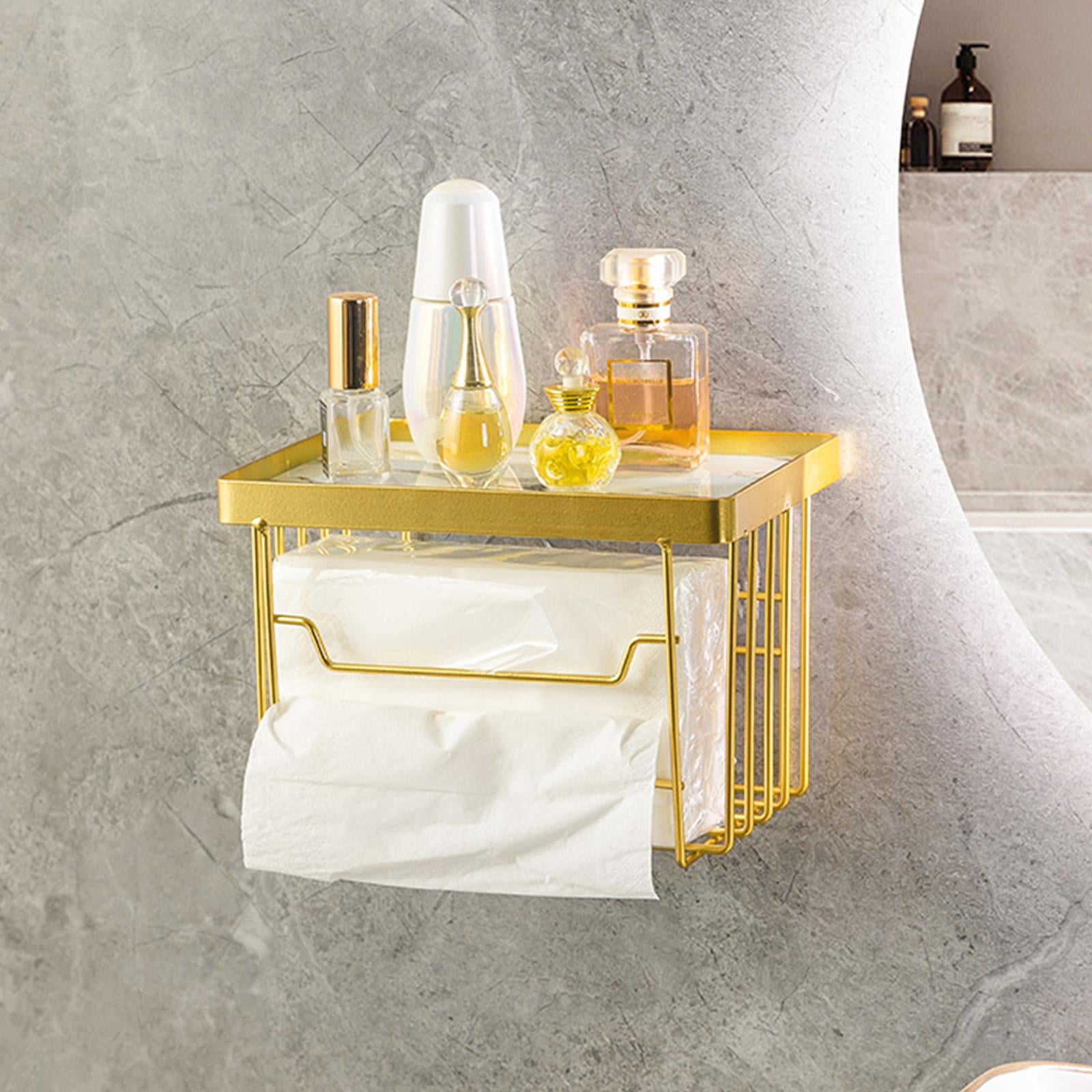 Fiocias Toilet Paper Holder with Shelf Self Adhesive Tissue Roll Dispenser and Organizer White Gold Tray