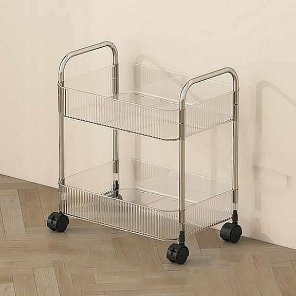 syligr 2-Tier Utility Rolling Cart Storage Organizer Sofa Side Table with Wheels, Under Desk Mobile Trolley Organizer with Handle and 2 Hanging Baskets for Office Home Kitchen Organization