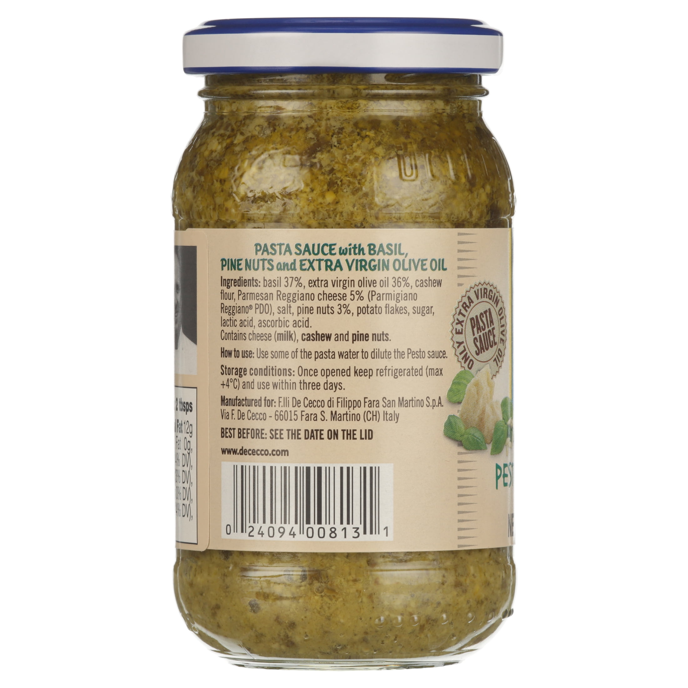 De Cecco Pesto Alla Genovese Pasta Sauce with Extra Virgin Olive Oil, 7 oz Jar (Ready-to-Use)