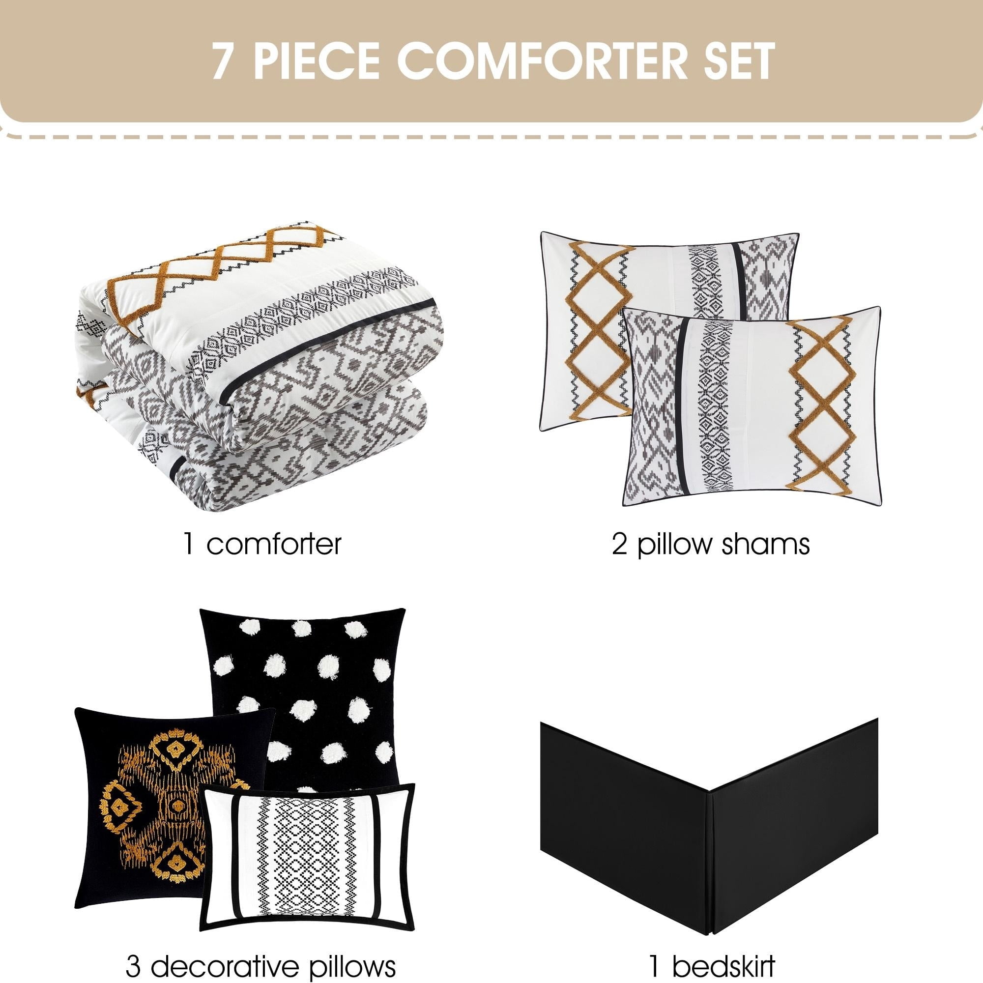 Nanshing Jamie 7 Piece Geometric Comforter Set, Black/Gold, Queen