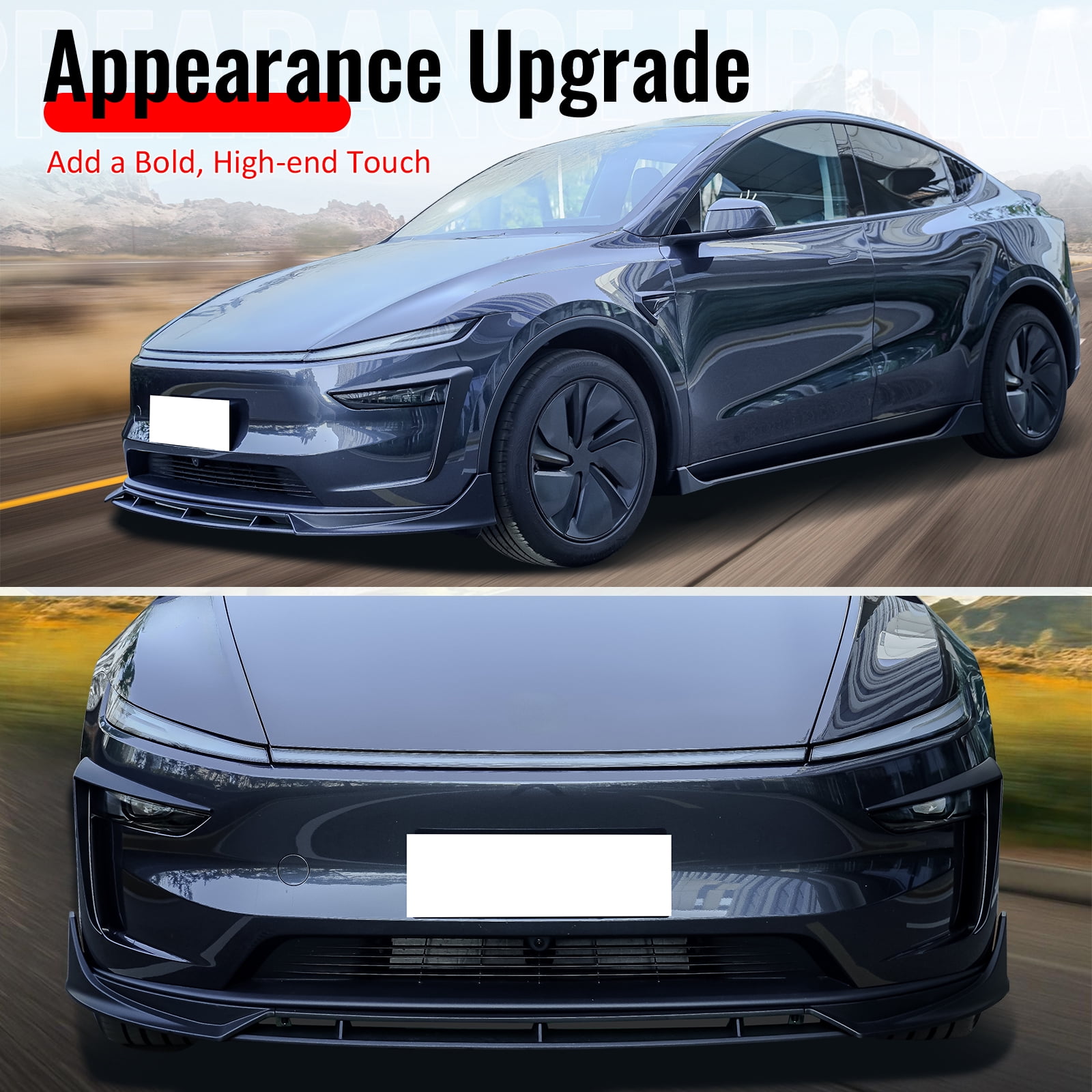 Ikon Motorsports Front Bumper Lip, Compatible with 2025-2026 Tesla Model Y Juniper, IKON Style Gloss Black ABS Plastic Air Dam Chin Spoiler Protector Splitter 4PC