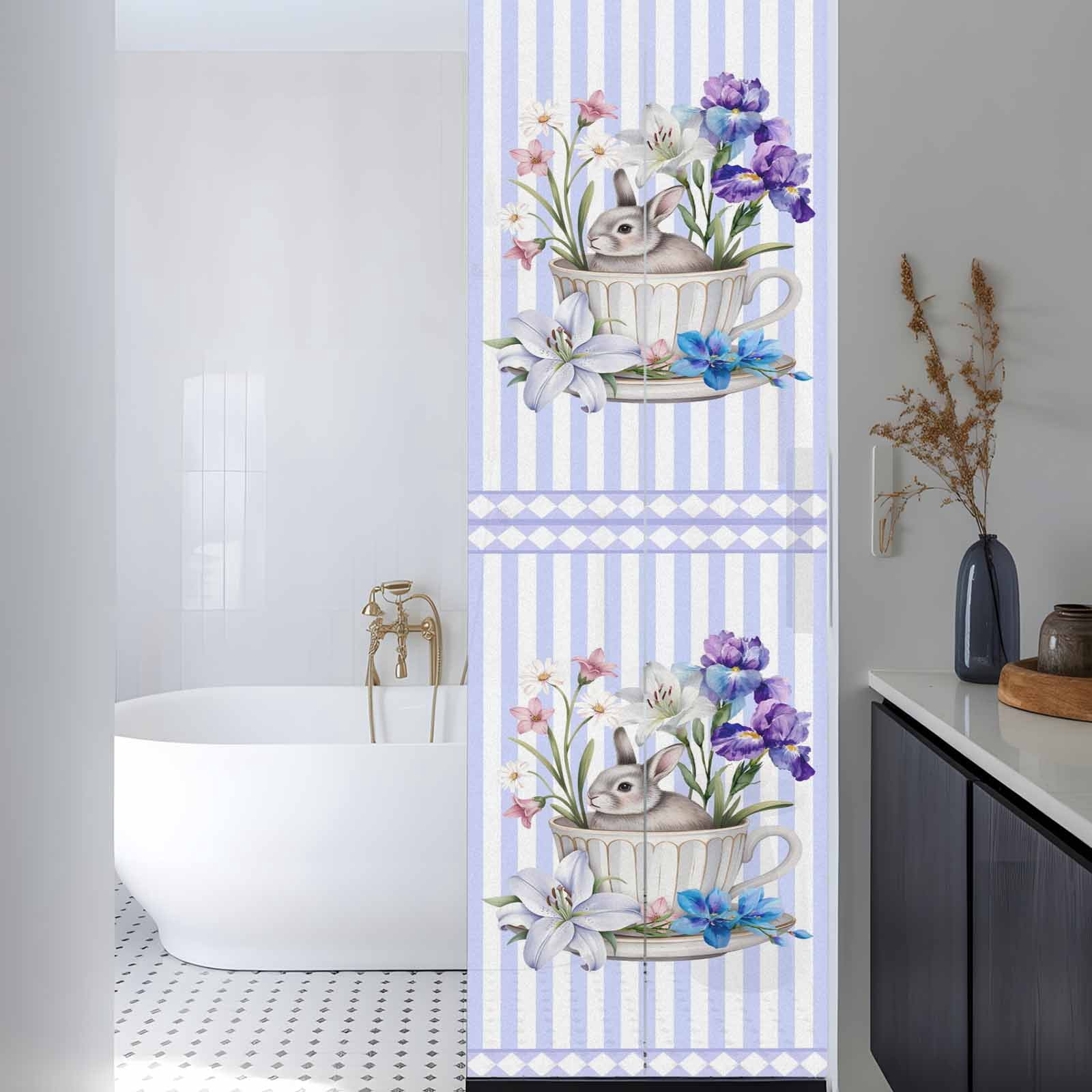 Cup Rabbit Window Privacy Film, Easter Watercolor Tea Cup Bunny Floral Purple Stripes Frosted Glass Window Clings Static Cling UV Heat Blocking Reusable Door Sticker for Bathroom 29.5 x 118 Inch
