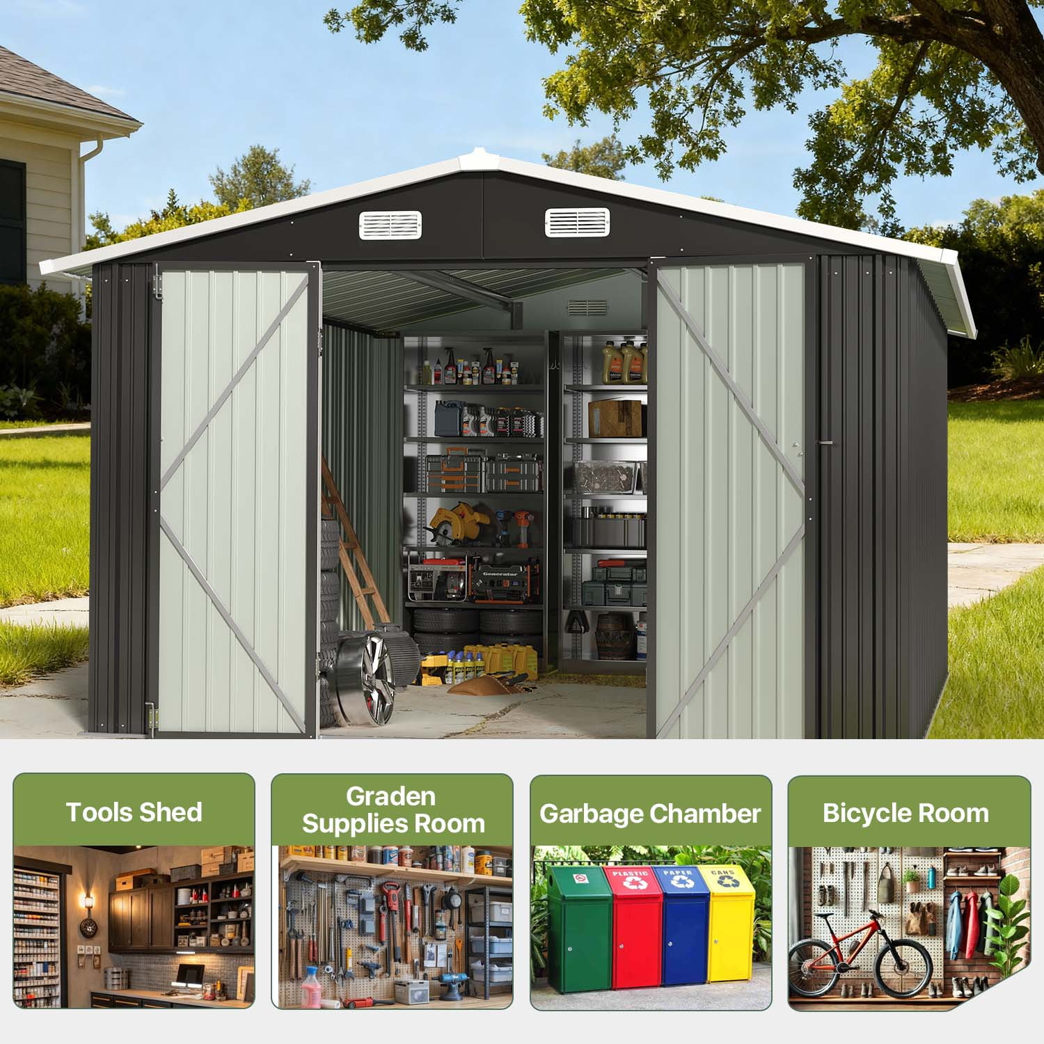 BaPiPro 10x12 ft Metal Storage Shed with Double Lockable Doors, Outdoor Storage Garden Tool Shed Bicycle Shed for Patio Backyard, Black