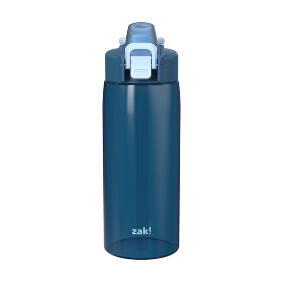 Zak Designs 25oz Durable Plastic Jubilation Water Bottle with Leak Proof Spout Cover, Straw, Push Button Lid, Flip Up Lock, and Built-in Carry Handle, Navy