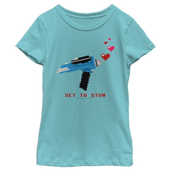 Girl's Star Trek Valentine's Pixel Set Phasers to Stun  Graphic Tee Tahiti Blue X Large