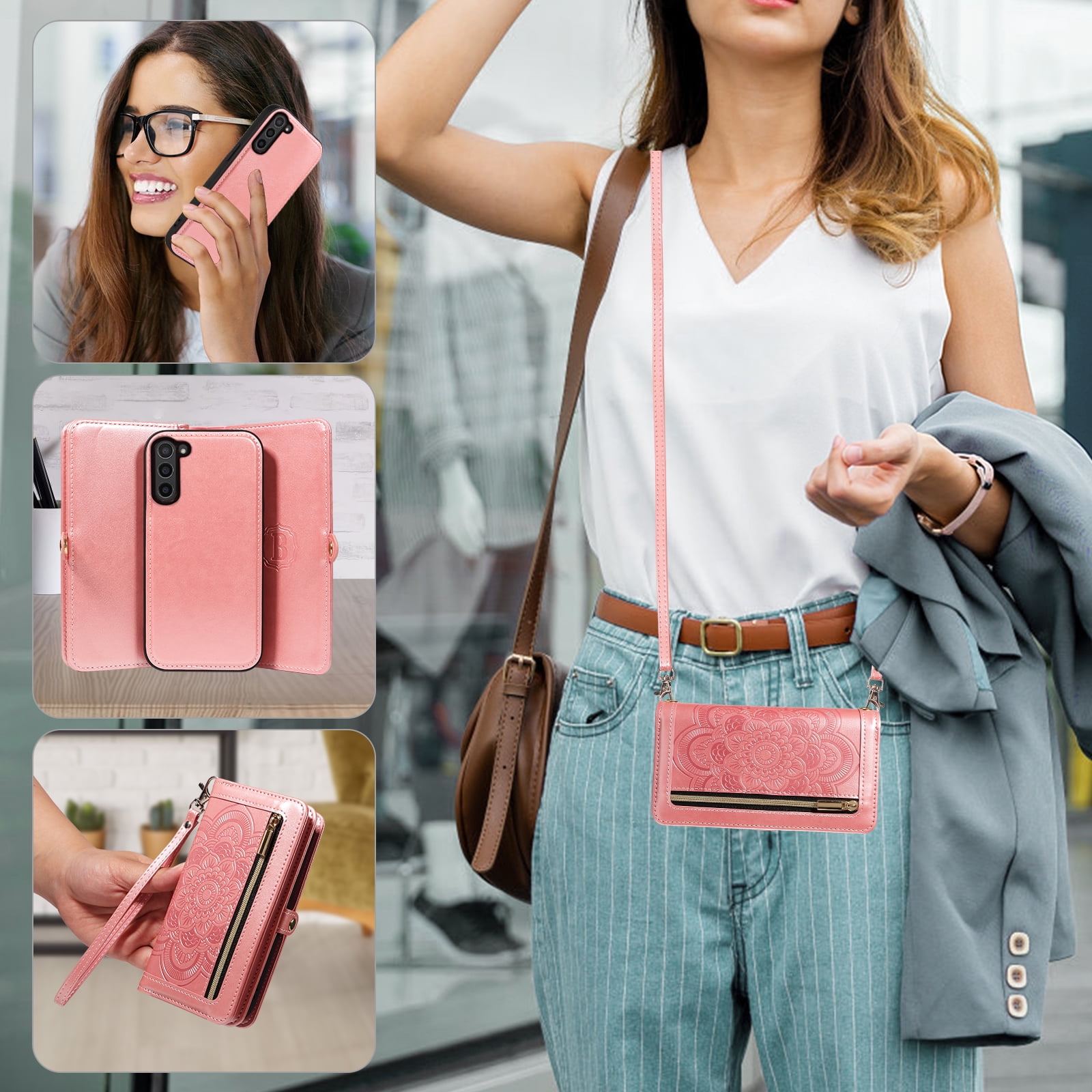 Asuwish Phone Case for Samsung Galaxy Z Fold 5 5G 2023 Zipper Wallet Cell Cover Crossbody Strap Flower Flip Card Holder ZFold5 Z5 G Fold5 ZFold 5Z Women Rose Gold