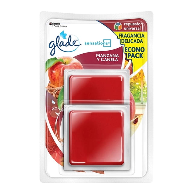 aromatizante glade manzana canela 2pk 16g repuesto en gel econopack, empaque frontal con dos láminas de gel rojo brillante (2 x 8 g) y gráficos de manzana y canela; eliminador de olores continuo ideal para espacios pequeños como auto, sala o comedor; a menudo se usa solo o en aparatos Glade Sensations.