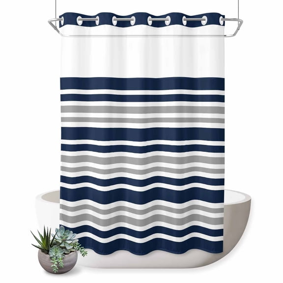 Gray and No Hook Shower Curtain Dark Blue Stripes Minimalist Modern Geometric Shower Curtain with See Through Top Window, Waterproof Washable Fabric Curtain for Bathroom Hotel Decor, 48Wx72L