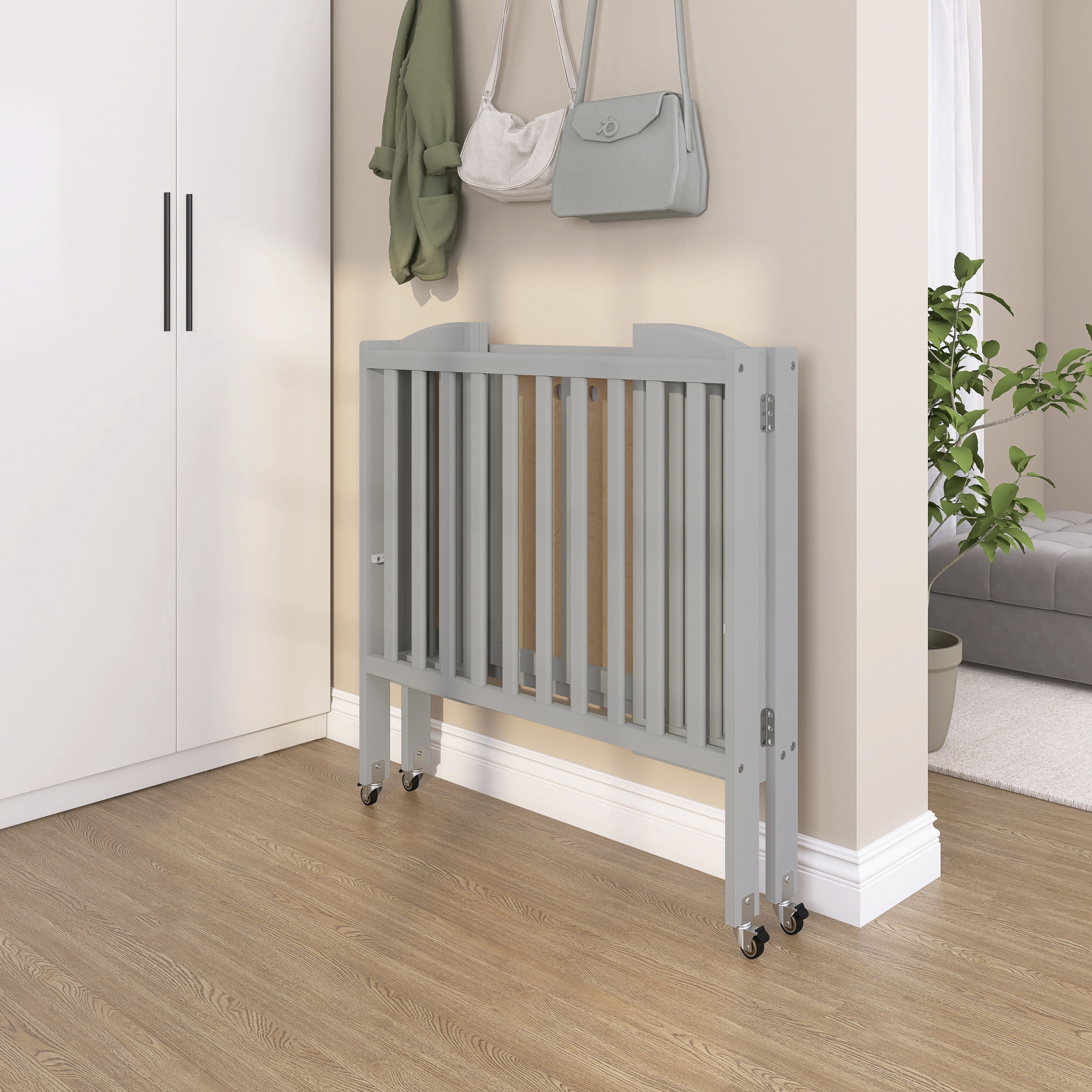 Dream On Me 2‑in‑1 Folding Portable Mini Crib for Babies – Compact Size, Mattress Pad Included,Cool Grey