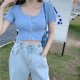 thumbnail image 5 of Chaqueta Mujer Encaje Cuello En U Abrigo Delgado Botón De Punto Camisa De Manga Corta, Azul Cielo Scienceny AP001095-04, 5 of 7