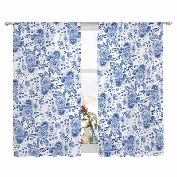 Semi Sheer Window Curtains 63 Inches Long, Blue Flower Rod Pocket Voile Silky Chiffon Curtain Treatment Drapes for Kitchen, Living Room, Botanical Farmhouse Watercolor Floral Plant 52"x63", 2 Panels