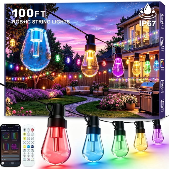 Outdoor String Lights, 100FT RGB IC Outside Light Dimmable Shatterproof LED Bulbs, IP67 Waterproof Chasing Effect Lighting DreamColor Patio Strip Lights for Backyard, Balcony, Outdoor Living