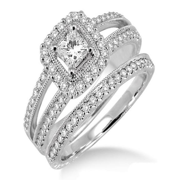 2.00 carat Antique Bridal set Halo Ring with Round Cut diamond in 10k White Gold