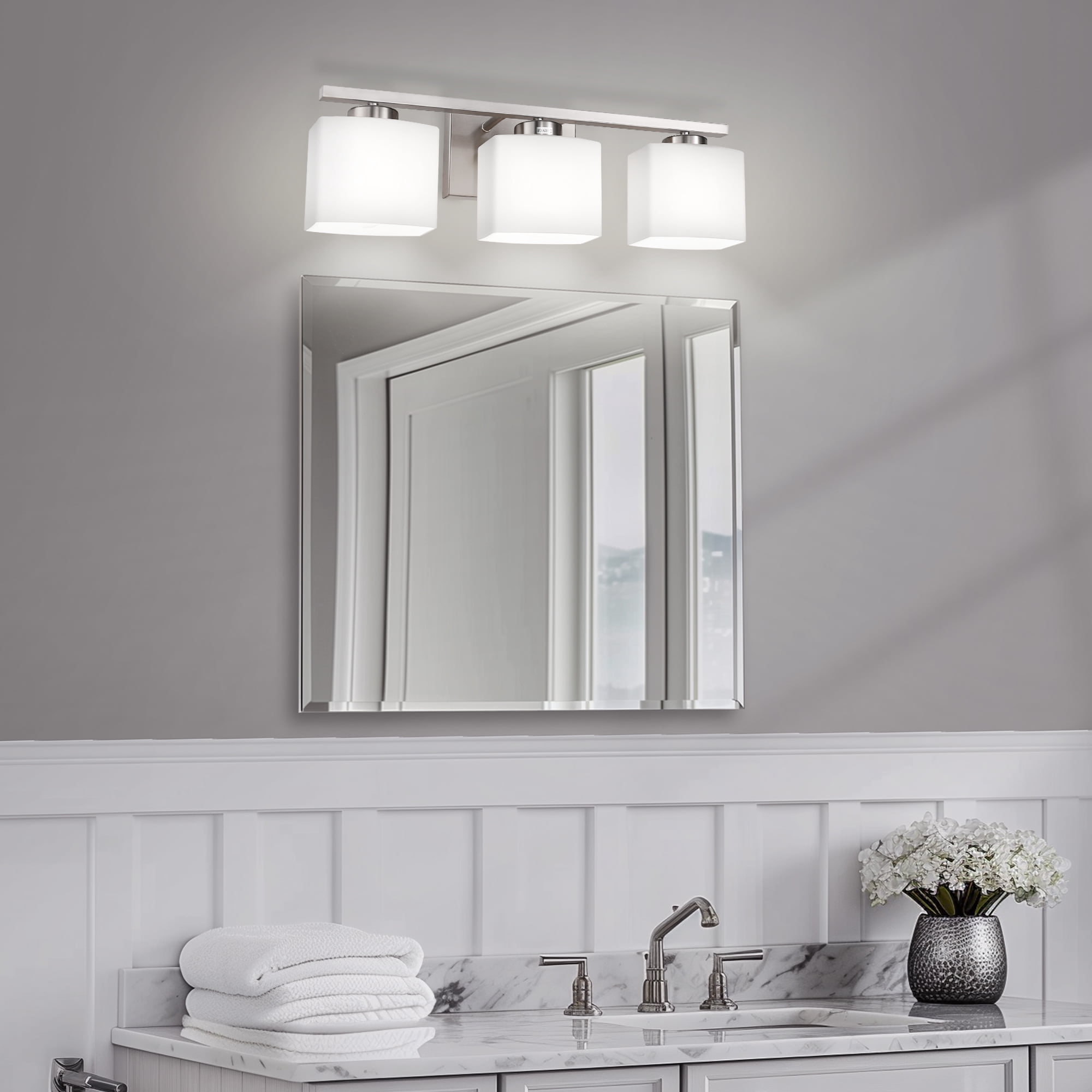 Briignite 3-Light Bathroom Light Fixture with Milk Glass Shades, Modern Stylish Vanity Lighting Fixtures for Bathroom, Chrome and White