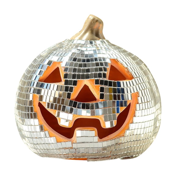 XHKUYI Halloween Light Up Pumpkin Decoration 4.9 Inch, Disco Mirror Jack O Lantern Table Decor with Reflective Surface, Halloween Party Pumpkin Ornament for Home Shelf Desktop Display
