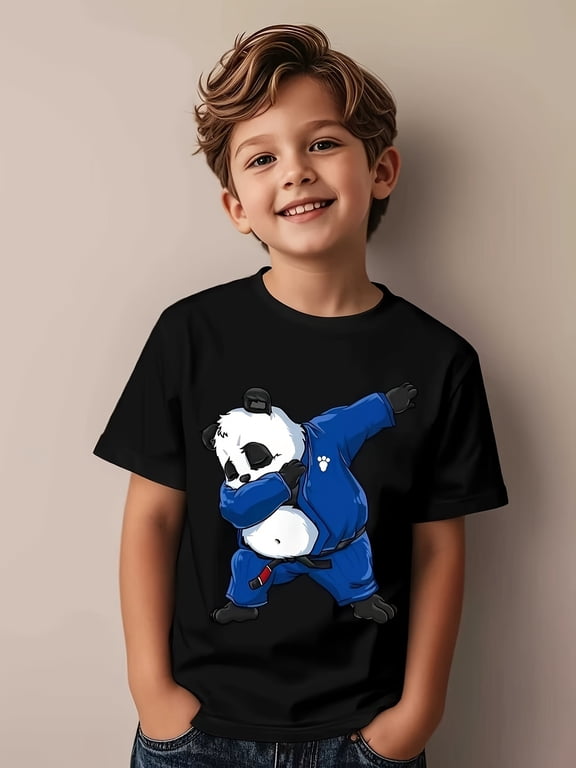 panda martial arts t shirt black belt dynamic panda action print breathable short sleeve round neck casual top suitable for boys and girls bjj training birthday gi