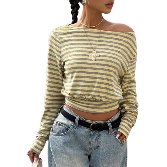 Women's Off Shoulder Top Cinched Waist Long Sleeve Crop T Shirts Tops Y2k Going Out Yellow S