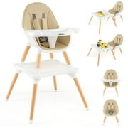 Infans 5-in-1 Baby High Chair Infant Wooden Convertible Chair w/5-Point Seat Belt Khaki