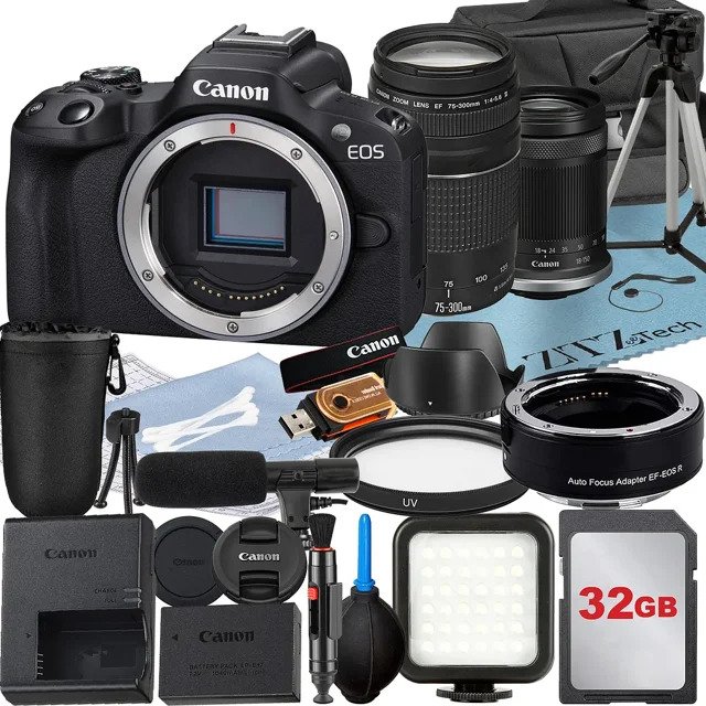 Canon EOS R50 Mirrorless Camera with RF-S 18-150mm + EF 75-300mm Lens + Mount Adapter + 32GB Memory Card + Case + LED Flash + ZeeTech Accessory Bundle