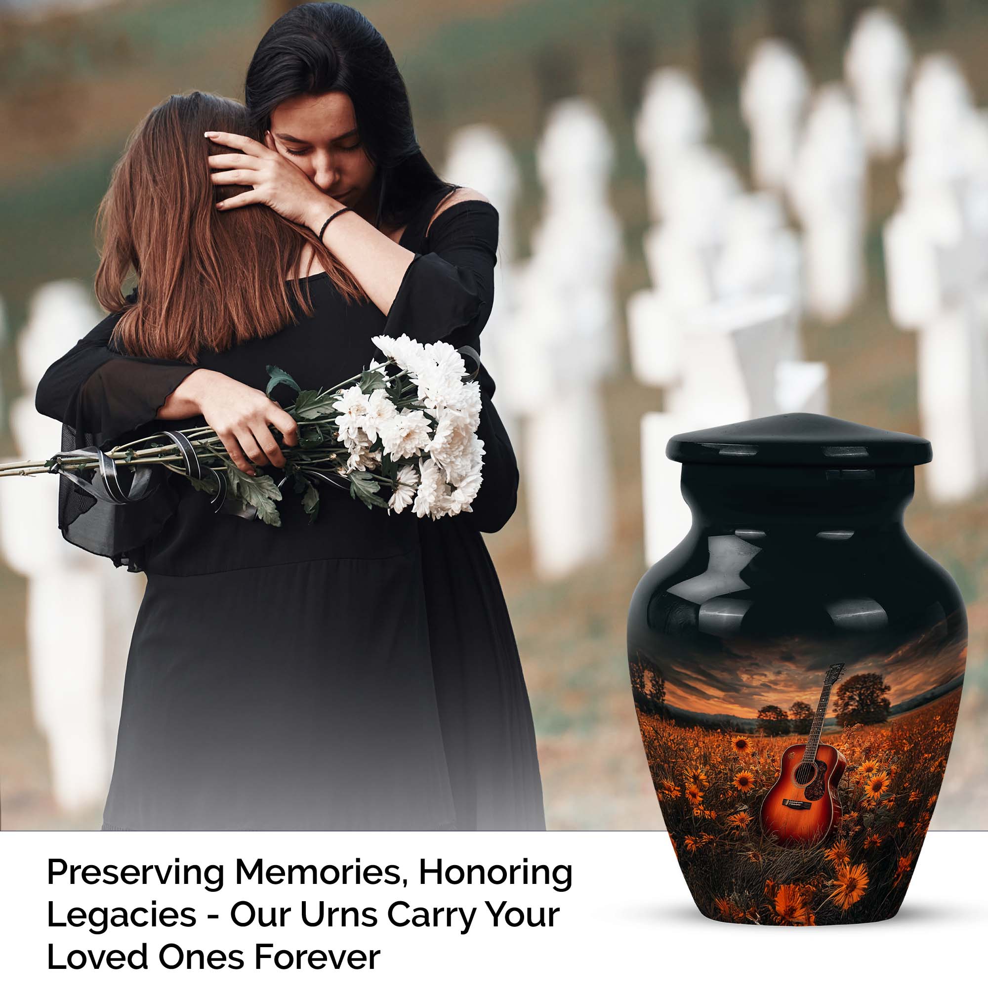 Guitar Urns For Human Ashes For Adults - Brown Keepsake For Ashes For Husband And Wife - Black Small Urns For Male, 3 Inch - Burial Mini Urn For Adult Female - Keepsake Sunflower Urn For Dad