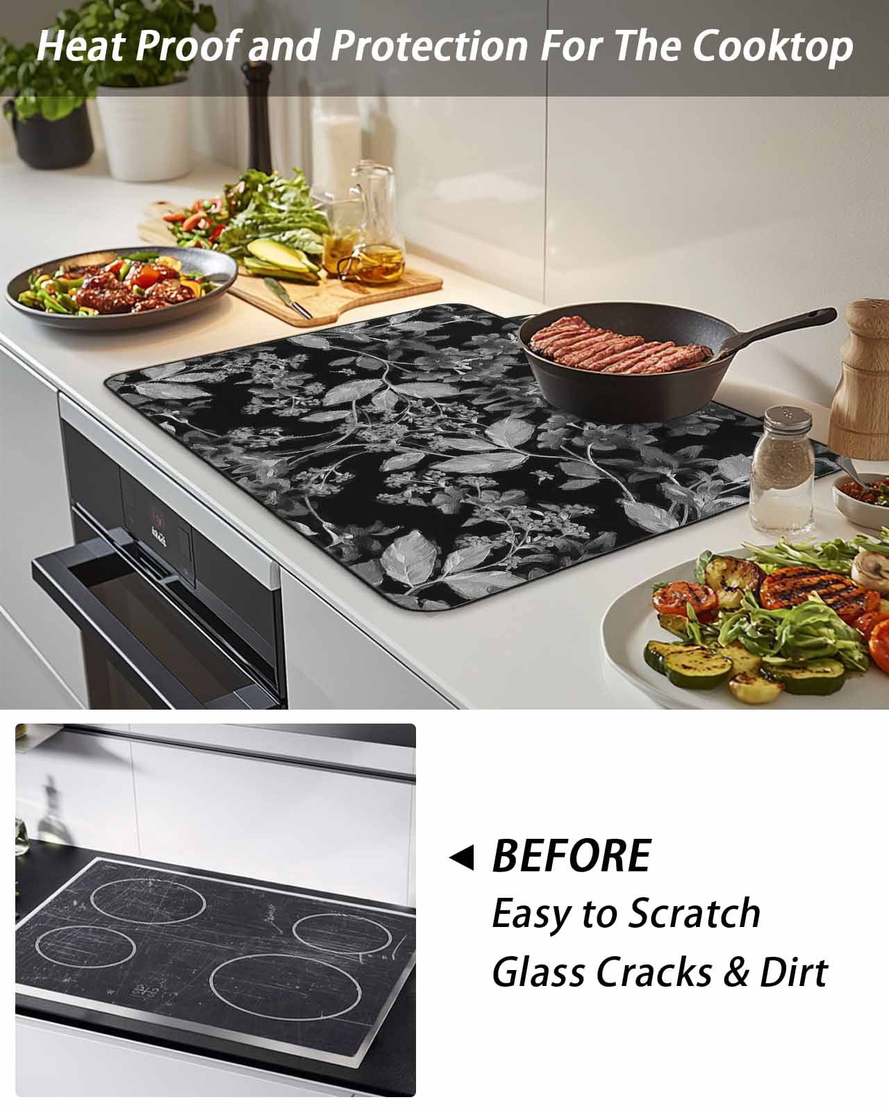Stove Top Covers for Electric Stove, Black and White Floral Glass Stovetop Cover Protector, Modern Oil Painting Abstract Art Induction Cooktop Protector Oven Mat for Kitchen Countertop 24"x21"