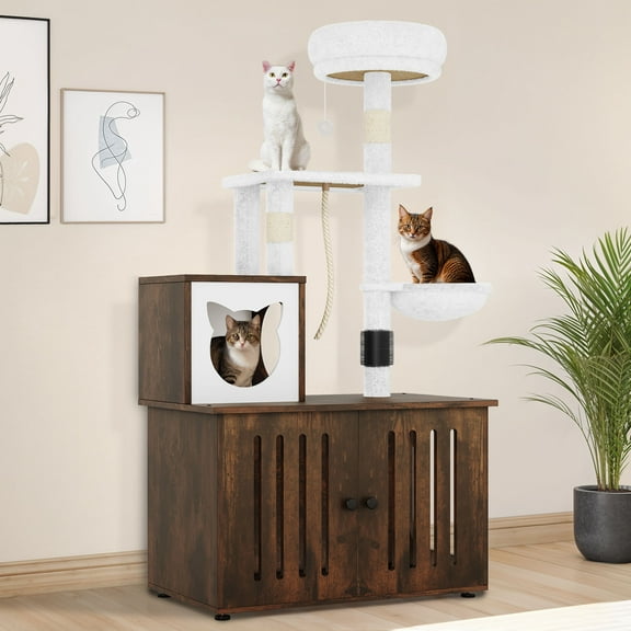 Uforic Cat Tree with Litter Box Enclosure, 2-in-1 Modern Cat Tower Combo, 53.5" Hidden Litter Box Furniture, Rustic Brown