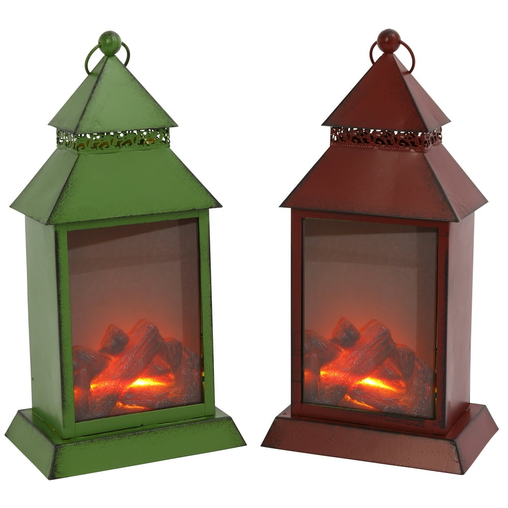 Battery Operated Log Fire Lanterns (Set of 2)