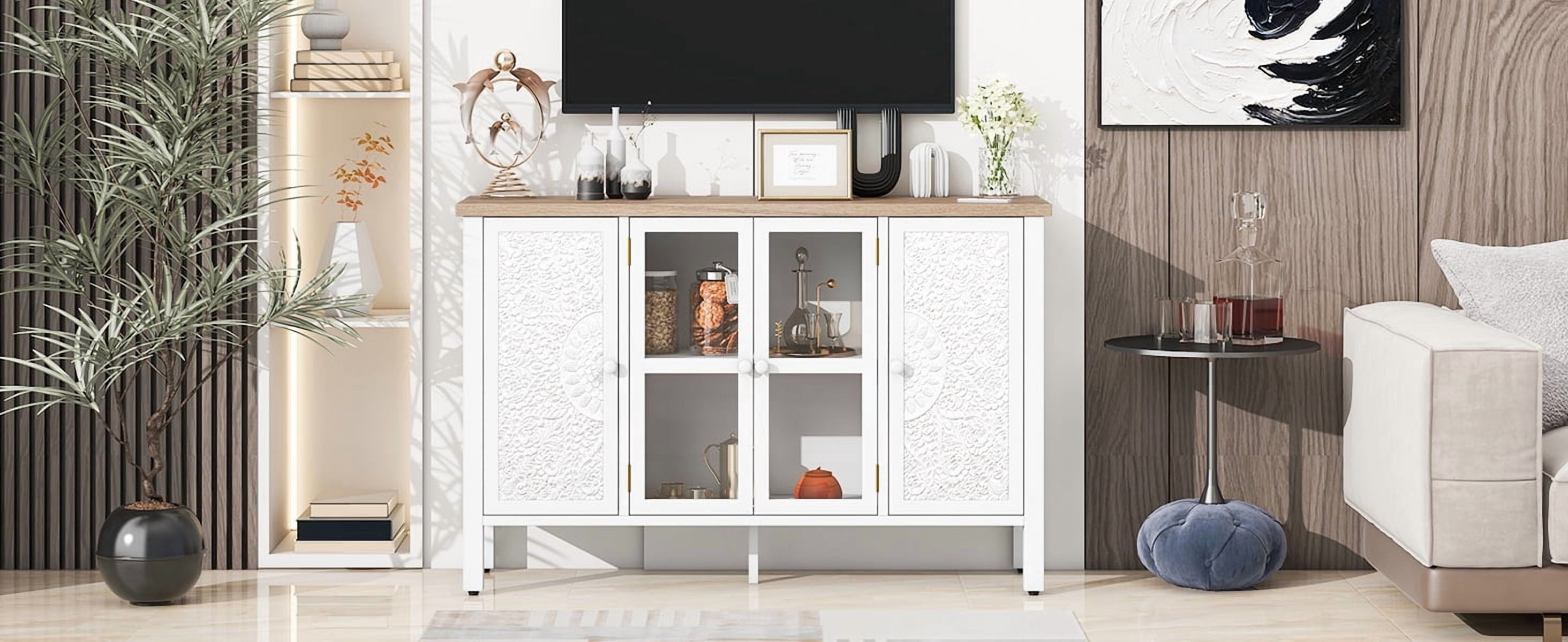 Euroco 47.2'' Retro TV Stand for TVs up to 43 Inches, Entertainment Center Media Console Cabinet with 3 Spacious Cabinets, Glass Cabinet Doors and Anti-tip Device for Living room
