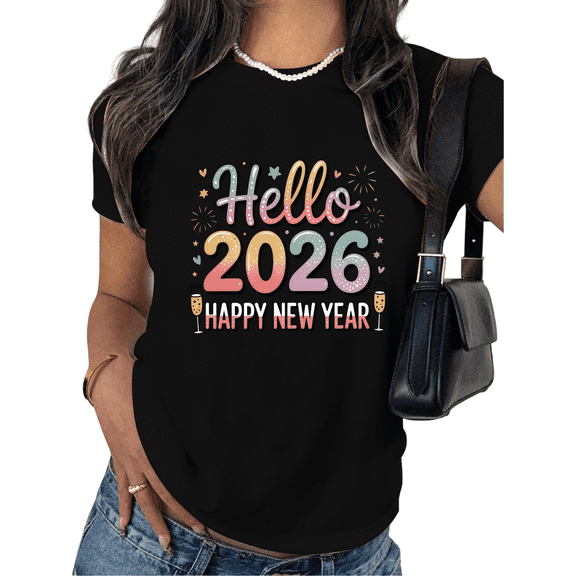 Hello 2026 Happy New Year Theme Bueatiful Graphic Casual Tee T Shirt Top Fireworks Short Sleeve Round Neck Black S-5XL