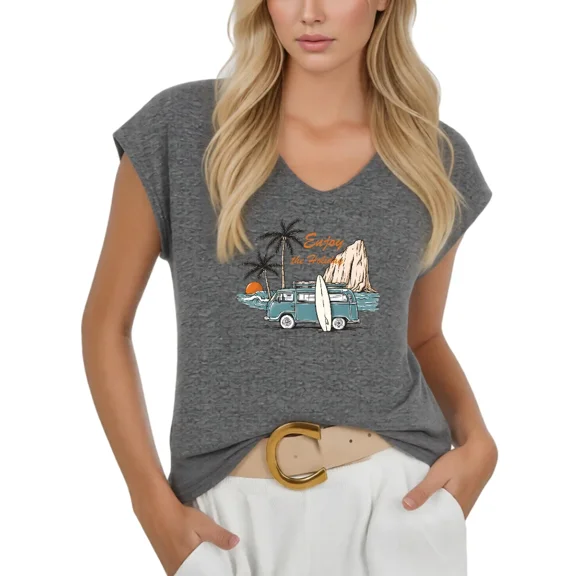 Cozymy Women's Tropical Holiday Surf Van V-Neck Sleeveless T-Shirt Retro Beach Casual Graphic Tank Top