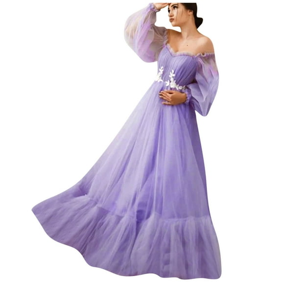 Hfyihgf Womens Puffy Sleeve Prom Dress Off The Shouler Sweetheart Neck Tulle Ball Gown A Line Princess Wedding Formal Evening Gowns（Purple,L)