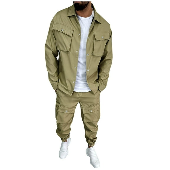BXINGOHAI 2Pc Men's Casual Solid Color Sports Long Sleeved Button Pocket Lapel Cardigan Leg Tied Pants Set Sale Army Green,2XL