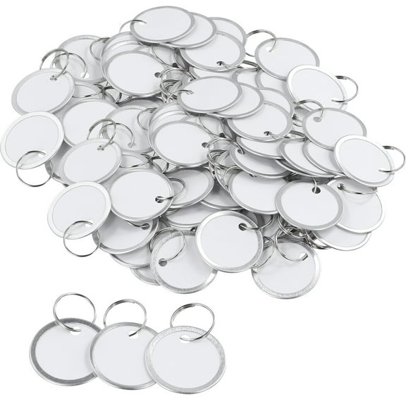 150 Pcs Metal Rim Tags, White Key Tags with Metal Split Rings, 1.22" Blank Round Paper Tags, Small Key Labels, Writable Key Chain Tags for Backpack, Luggage