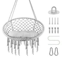 Lanfys Yard Hanging Chair, Hand-Woven Pure Cotton Rope Hammock Cradle Chair with Cushion, 330 Lbs Capacity Hanging Rocking Chair for Living Room, Yard, Garden, Balcony, Grey