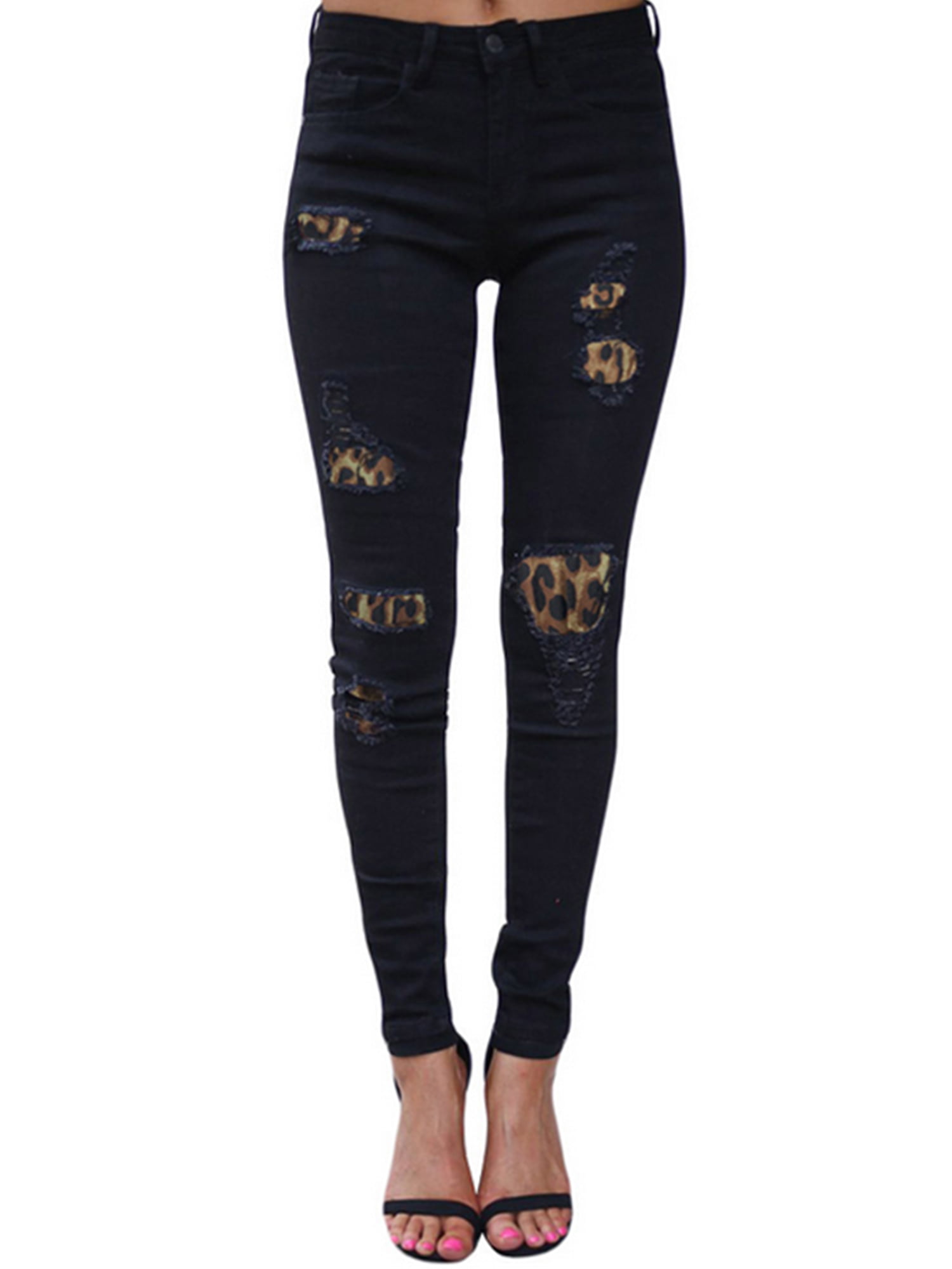 Women's Wet Look Skinny Jeans Leopard Look Trouser Ripped Style size 8-14 